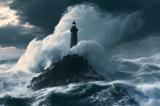 Lighthouse on Rocky Outcrop Surrounded by Massive Storm Waves Under Dark Dramatic Clouds