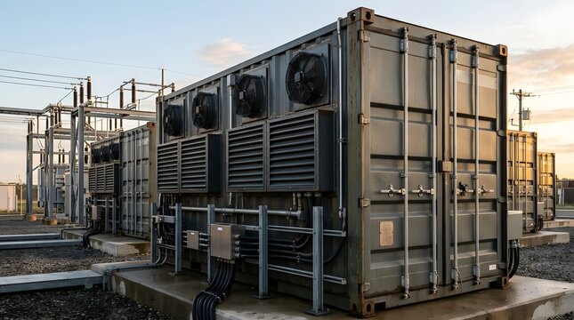 Industrial cooling unit housed inside a grey shipping container structure at a large electrical substation under a soft golden sunset
