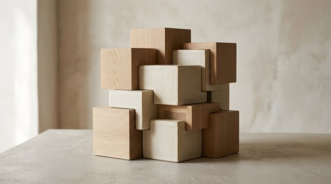 Abstract architectural sculpture composed of interlocking natural wood blocks and smooth white ceramic pieces arranged into a geometric minimalist art display