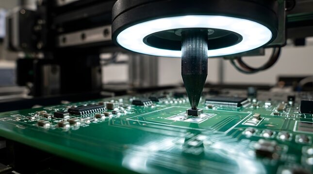 Automated robotic nozzle carefully places a tiny surface mount electronic component onto a complex green circuit board during industrial production