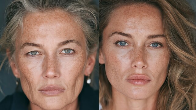 A comparative portrait of a woman before and after rejuvenation: on the left, gray hair and signs of aging are visible; on the right, a more youthful appearance. A close-up highlights the differences 