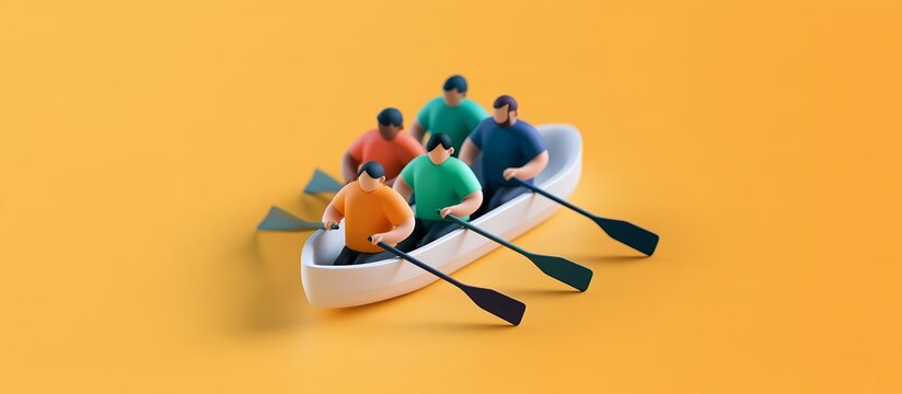 An illustration of a rowing team paddling in unison in a boat against a bright orange background.