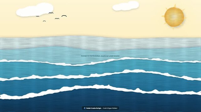 Minimalist paper cut beach animation with blue ocean waves