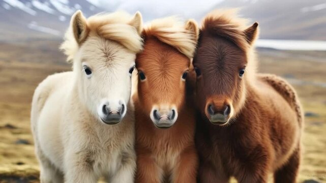 Three Icelandic Horses with Thick Manes in a Mountain Landscape