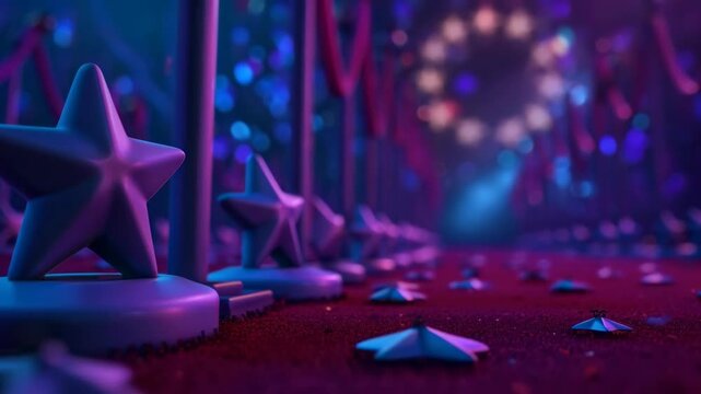 Row of star-shaped trophies on a red carpet at a glamorous award ceremony