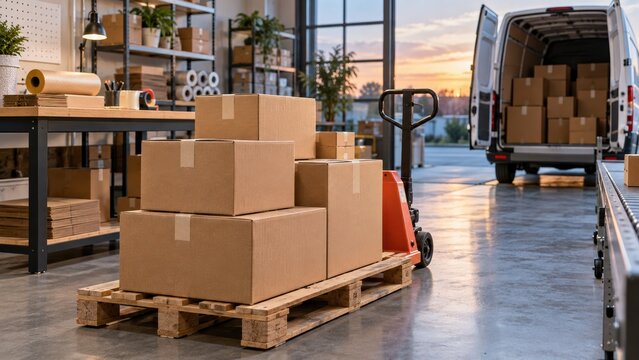 Boxes on a pallet in a warehouse with a van parked nearby at sunset