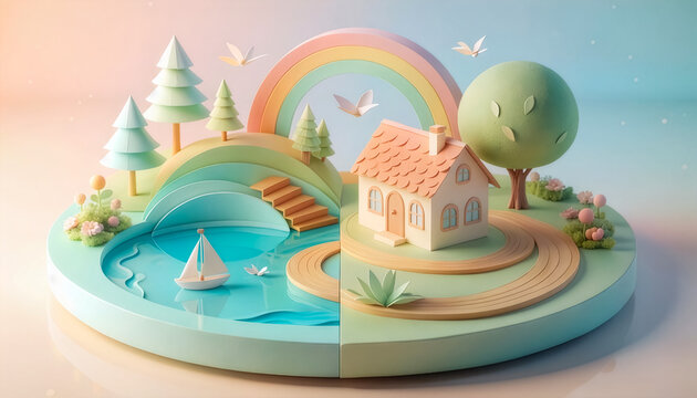 3D isometric diorama of a whimsical pastel house by the lake with a sailboat, paper birds, and a beautiful rainbow.