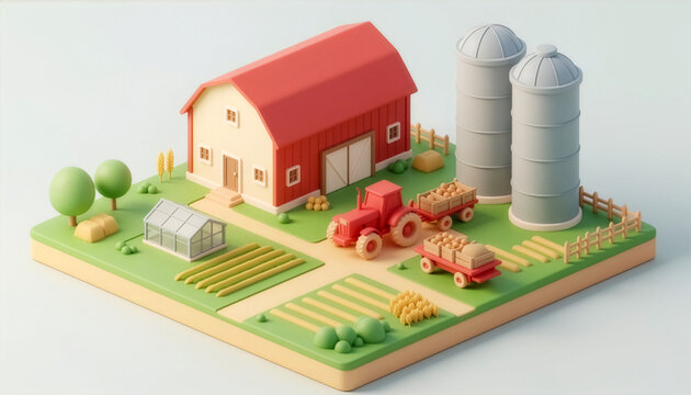 3D isometric diorama of a red barn house farm with a tractor, crop fields, silos, and a greenhouse, representing smart agriculture.