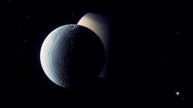 A dramatic space scene featuring a textured, dark planet or moon in front of a luminous object resembling a ringed planet.