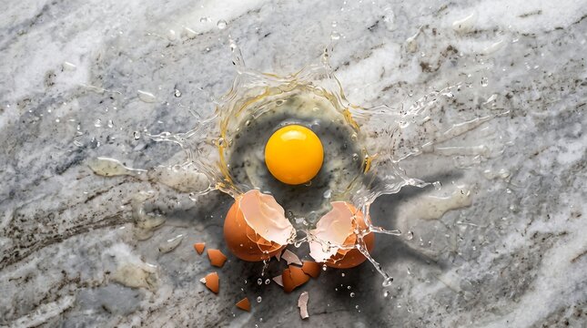 Top view of fresh raw egg breaking with yolk and egg white splash for cooking