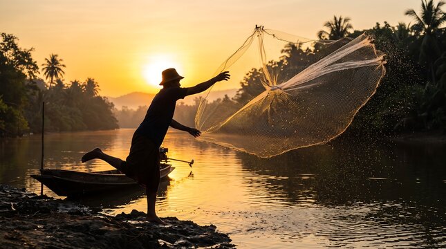 Silhouette of Asian fisherman throwing traditional fishing net into river at golden sunrise with wooden boat in Thailand
