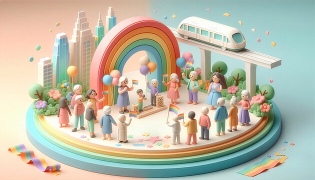 3D isometric diorama of people celebrating an LGBTQ pride parade in a modern city with a big rainbow, flags, and a monorail.