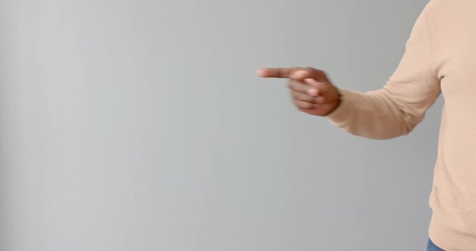 Close up of people talking to the camera, pointing finger, person gesturing with hand in casual beig