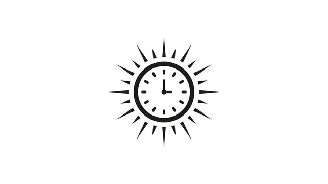 Animated clock icon surrounded by sun rays, symbolizing daytime, working hours, schedule and time management on transparent background with alpha channel.
