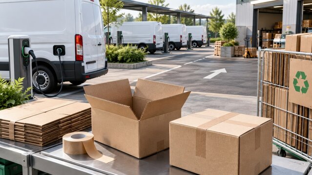Packing supplies and delivery vans at a distribution center in daylight hours