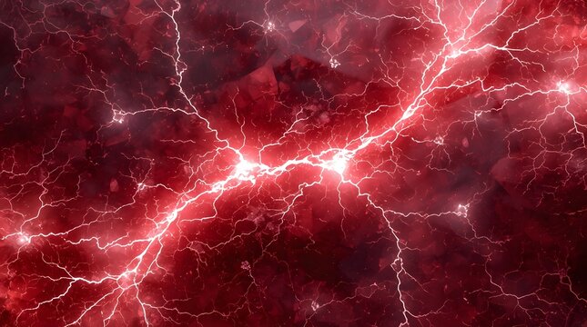Intense lightning and electric discharge powerfully striking through ruby red crystals toward the center, abstract background texture
