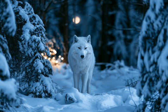 Wolf standing in snowy forest at night with trees and moon in background