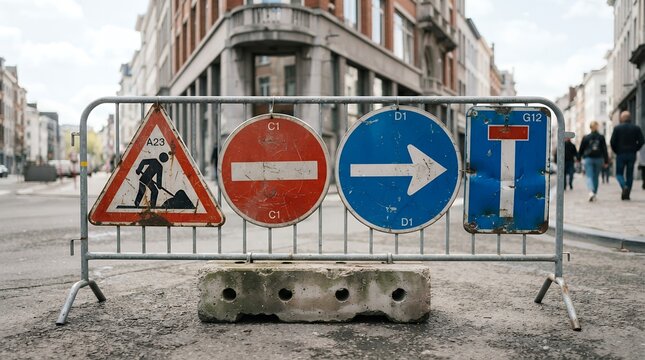 Urban street construction barrier with road signs, a temporary metal fence blocking traffic, essential city infrastructure development, and pedestrian safety warnings.