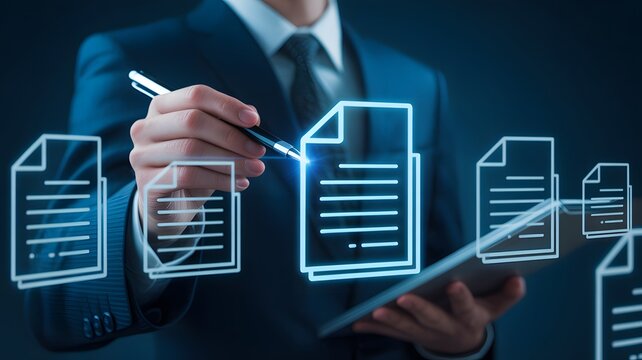 A digital illustration of a business person efficiently managing virtual documents and data flow, representing advanced technological solutions for modern enterprise operations