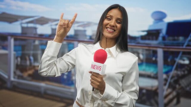 Woman reporter holding red microphone and making rock horns hand gesture on cruise ship deck; playful fun.