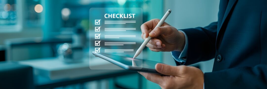 Professional businessman in a suit using a modern digital tablet to complete an online business checklist