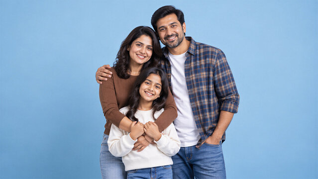Happy Indian Family Portrait Smiling Together on Blue Background