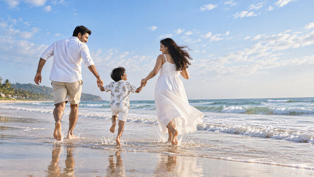 Happy Indian Family Walking Along a Tropical Beach on Vacation