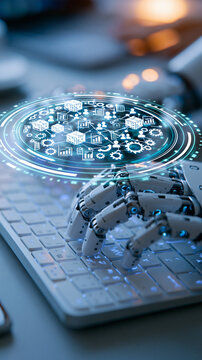 Enterprise automation concept two silver robotic hands operating a white keyboard on a cool gray desk circular transparent interface above the keys connects tiny warehouse