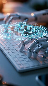Enterprise automation concept two silver robotic hands operating a white keyboard on a cool gray desk circular transparent interface above the keys connects tiny warehouse