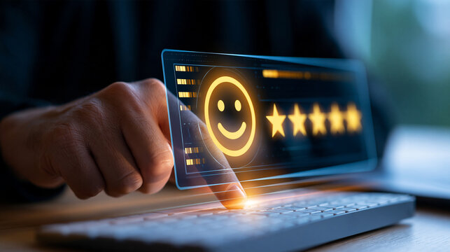 Customer satisfaction analytics concept close cropped european hand selecting a translucent review dashboard above a white keyboard large friendly yellow smiling symbol
