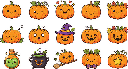 Obraz premium Cute kawaii pumpkins and halloween elements vector illustration set for autumn designs