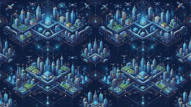 Seamless isometric pattern of futuristic smart city with digital infrastructure and glowing tech elements.