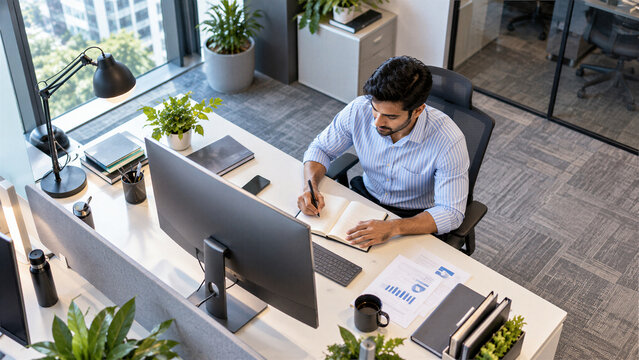 Indian Businessman Working and Taking Notes at a Modern Office Desk