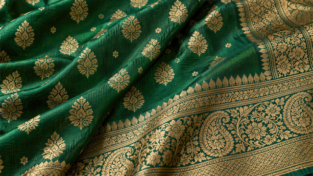 Elegant Green Silk Saree with Intricate Gold Zari Floral and Paisley Patterns