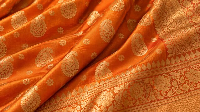 Luxury Orange Silk Saree with Intricate Gold Zari Paisley and Floral Patterns
