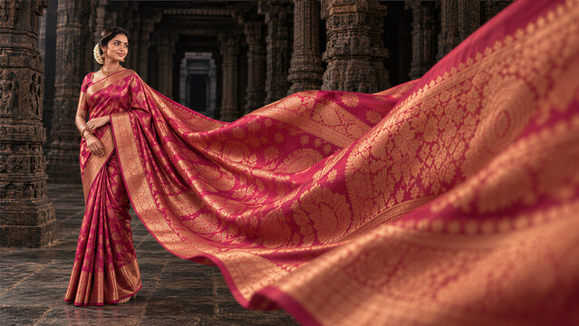 Elegant Indian Woman in Magenta Kanjivaram Silk Saree with Elaborate Gold Zari in a South Indian Temple