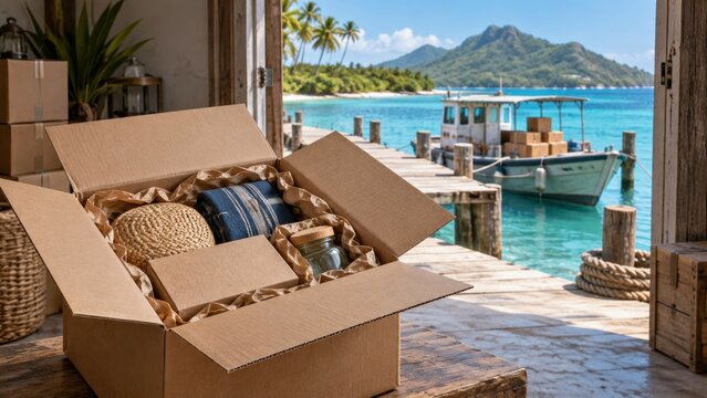 Sunlight shines on a beachside scene with a box on a table and a boat in the background