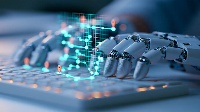 Automated navigation concept articulated silver robotic hands typing on a white keyboard translucent cyan route grid rises above the keys with several small coral location pins