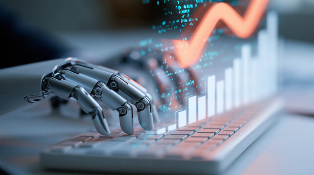 Cost optimization concept articulated silver robotic hands typing on a pale keyboard translucent white bars gradually decrease beneath a smooth coral downward arrow above the