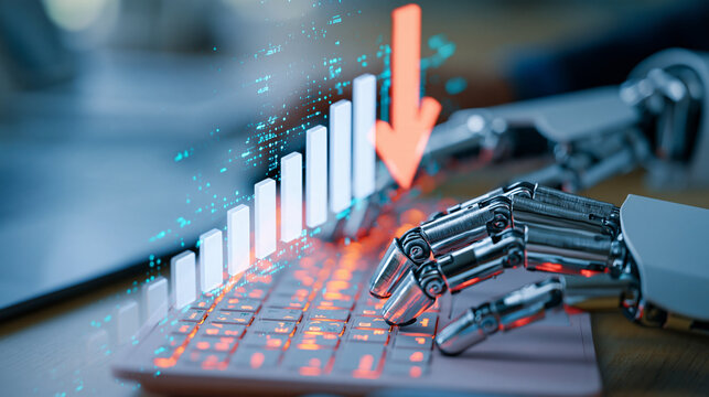 Cost optimization concept articulated silver robotic hands typing on a pale keyboard translucent white bars gradually decrease beneath a smooth coral downward arrow above the
