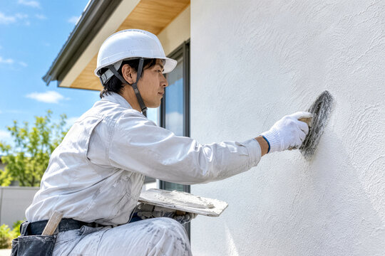 住宅の外壁を左官作業でならす職人