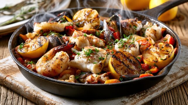 Sizzling seafood skillet with grilled lemon shrimp fish mussels and vegetables