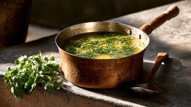Rustic herb soup in copper pot with fresh parsley and ladle
