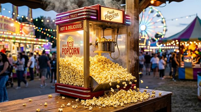 Vintage popcorn machine at lively outdoor carnival during evening