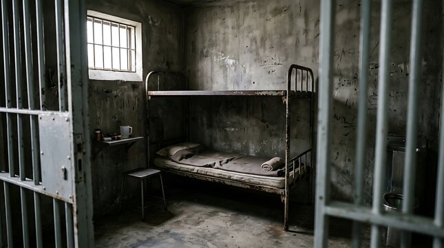 Dimly lit prison cell with bunk bed and barred window