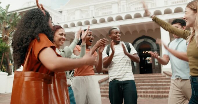 Student, people an high five with hands together in university for achievement, winning or mission. Happy, friends or group piling with smile, applause or stack for higher education or success