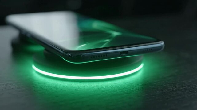 Smartphone charging on a wireless charging pad with glowing green neon light effect.