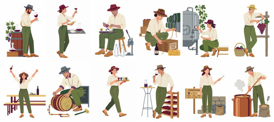 Fototapeta premium Collection of Flat Illustrations Featuring Workers Engaged in Various Winemaking Activities from Harvesting Grapes to Tasting and Bottling Wine