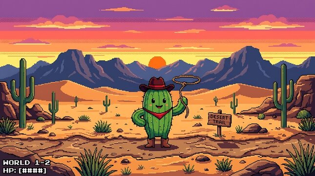 Pixel Art Cactus Cowboy in Desert at Sunset