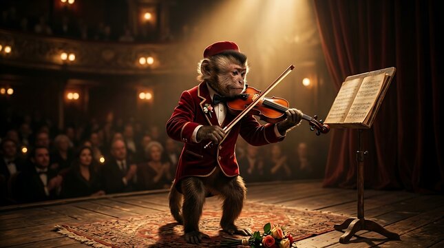 Monkey in elegant attire playing violin on stage in theater